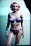 Placeholder: Ultra Realistic image, portrait, blonde woman, sweet Marylin Monroe face, perfect iris, glow eyes, glow makeup. Cyborg, Cyberpunk style, oversized transparent latex coat, yakuza tattoos body. fog, rain, soft color, highly detailed, unreal engine 5, ray tracing, RTX, lumen lighting, ultra detail, volumetric lighting, 3d, finely drawn, high definition, high resolution.