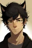 Placeholder: At young male with messy black hair, gold eyes, large black cat ears, slight smile, tan skin