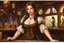 Placeholder: A young woman with pale skin and long brown hair in a fantasy tavern setting with intricate details. She is a tavern wench who is serving alcohol to a party of adventurers. High definition.