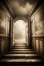 Placeholder: magic doorways. behind first door glass glossy staircase made of clouds leads up to the heaven. behind second door staircase made of stone leads down to the hell