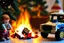 Placeholder: A crying toddler takes a burning car out of a LEGO box marked Land Rover next to the Christmas tree.