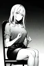 Placeholder: blonde girl speaks sitting on a chair, grayscale