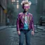 Placeholder: Tilda swinton toddler, full body, leather jacket, floral shirt, floral skirt, Nike sneaker, soft skin, city background, dramatic lighting, hyper realistic