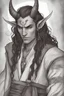 Placeholder: A dnd character portrait, a tiefling man with long hair and long black horns, white eyes and pale skin. Handsome, door lean.