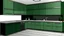 Placeholder: kitchen with dark green furniture, forest wallpaper on a white wall, very realistic