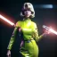 Placeholder: Ultra Realistic retro sci-fi portrait image from 1960, spaceship, sweet young Jane Fonda, dress with tight latex suit, fighting stance with lightsaber, soft color, highly detailed, unreal engine 5, ray tracing, RTX, lumen lighting, ultra detail, volumetric lighting, 3d, finely drawn, high definition, high resolution.