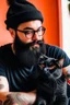 Placeholder: cozy vibes artistic guy with black beard with calico cat