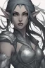 Placeholder: SA female elf with skin the color of storm clouds, deep grey, stands ready for battle. Her long black hair flows behind her like a shadow, while her eyes gleam with a fierce silver light. Despite the grim set of her mouth, there's a undeniable beauty in her fierce countenance. She's been in a fight, evidenced by the ragged state of her leather armor and the red cape that's seen better days, edges frayed and torn. In her hands, she grips two daggers, add dark shadow mystic purple flames