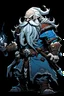 Placeholder: darkest dungeon style character art: blue-skinned dwarf man with white hair and beard, wearing armour and wielding a warhammer