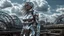 Placeholder: three-quarter view of a woman in a silver robotic catsuit standing in a futuristic derelict city with mushrooms with tentacles floating in the sky