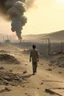 Placeholder: A 25-year-old wounded boy is walking in the desert with his head down, smoking a cigarette, and the scene of destruction is happening behind him