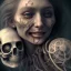 Placeholder: a cute smiling girl with her mother, red tattoo in the face, hr giger, steam punk, scary, horror, realistic, made in octane, cinematic, ultra-realistic, extremely detailed octane rendering, 8K, VRAY Super Real ar 2:3, dof photorealistic futuristic 50mm lens hard lighting dark gray tintype photograph, realistic lighting, sephia colors