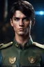 Placeholder: 27 year old male with short dark hair and blue eyes standing with his arms folded, wearing military uniform , photorealistic, 4k, dark fantasy