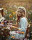 Placeholder: Beautiful face blond adorned sit on chair wood and playing piano in Realistic photography of a field of wildflowers, soft natural lighting, vibrant colors, intricate details,peaceful and serene atmosphere.