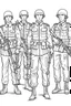 Placeholder: Outline art for coloring page OF A TOY SET OF SMALL AMERICAN PLASTIC TOY ARMY SOLDIERS, coloring page, white background, Sketch style, only use outline, clean line art, white background, no shadows, no shading, no color, clear