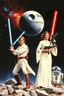 Placeholder: stars nebula and the Death Star large at top, in front in poses from the original star wars posters is Luke Skywalker with lightsaber and Princess Leia Organa with upward pointing raygun both in white clothing atop crumbling stone and droid parts c3po r2d2