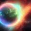 Placeholder: cosmos, metallic sky stars, sky blue light, blue light, green moons with neon rings, 8k resolution, detail