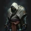 Placeholder: simple fantasy warforged, large build, ultron-head shape, large gap lines, warforged, riggid curves, rusted plating, hard edges, white hooded, wrapped sash on belt, alloy colored plate, rust marks, shadowed joints, glowing eyes, dark background, characteristic comic style, grit dark fantasy, d&d art, fantasy background, screen tones, solo piece