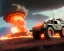 Placeholder: wide angle of Gi joe driving A lunar armored rover with tracks and claw and orange, troops, big Erupting Cloudy volcano, White headlight on flamethrower