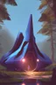 Placeholder: spaceship in a woodland clearing, next to a lake, with a woman kneeling under it, repairing it, blue sky