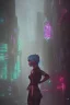 Placeholder: elf detective in a neon dystopian city during a rainstorm