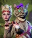 Placeholder: Ultra realistic photo, happy couple, blonde Alice woman and purple cat smoking a pipe, circus blue dress style, black headband with bow, old school body tattoo, smoke, marihuana garden, glow eyes, perfect iris, soft color, highly detailed, unreal engine 5, ray tracing, RTX, lumen lighting, ultra detail, volumetric lighting, high definition.