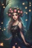 Placeholder: Painting of a beautiful girl, beautiful, haunted forest, flowers on her head, glitter dress, young girl, fantasy art, anime portrait, barbie face, big eyes, bright eyes, dream, trees, forest background, dark night, song, glitters background, fantasy, high quality, 8k