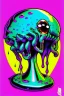 Placeholder: Vintage illustration of a slimey silver chrome brain melting, mercury liquid dripping, metal chrome colors, cartoonist animation style, hand drawn, neon lighting, gross art, pop punk, 90s anime inspired, airbrushing, post modern, horror cut, gradient chrome abberations, retro weird drawings, alien brain matter, blood spatter , scifi punk