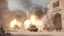 Placeholder: 4K photorealism: artillery running in an Arabian city, launching rockets emitting smoke and explosions, dramatic lighting during the day like photography