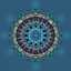 Placeholder: 2d Kaleidoscope recursive made of a metallic random color ribon circle ring turning many times in side of a bigger circle with random points in first circle making line art,blue gray tema background