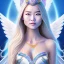 Placeholder: portrait of a beautiful mongolian woman with an angel face smiling,long blond hair, blue eyes, pink and blue dress, jewels, soft light aura