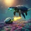 Placeholder: Mike Winkelmann style art, Fantastic digital art of a meditating turtle with closed eyes holding a wooden rod, high definition, magical powers, medium shot, background galaxy