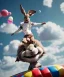 Placeholder: Ultra realistic speed clouds sky scene, wide angle view, child falling down with many Children background, rabbit head, inflatable monsters, circus dress style, feather color, free jumping flying, many trinkets, hair monster, many jelly beans, balls, color smoke, smile, happy, extreme, wind, clouds sea, 20,000 feet altitude, stratosphere, soft color, highly detailed, unreal engine 5, ray tracing, RTX, lumen lighting, ultra detail, volumetric lighting, 3d, finely drawn, high definition.