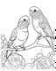 Placeholder: B/W outline art,coloring book page, full white, super detailed illustration for adult,"Budgie love:love in colors valentines book", crisp line, line art, high resolution,cartoon style, smooth, low details, no shading, no fill, white background, clean line art,low background details, Sketch style.