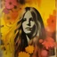 Placeholder: Damaged Hippie poster, girl with long hair , smoke, orange, pink, yellow, flowers, paper