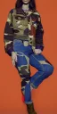 Placeholder: Model, woman. sérigraphie on denim with orange,terracotta, cream and purple colors. Camouflage patterns are screen printed on denim. Brunette woman in her 30's. thick thighs, thick calves, flat belly, wide hip. Mantle is sewed of recycled Denim and sewed together of camouflage pieces. It is with big bright purple felt tippet and cream-colored-hood. mantle is merged with satchel. Style: Haute Couture in 1920's and 1990's in New York. Paris in 2023