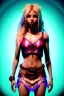 Placeholder: Shakira, artist, 30 years old, Realistic image, waist up portrait, etro style dress. Blonde, feathers, loose long hair, eyes make up, perfect, glow, circle iris. Neon colors, leds, geometric shapes. Dark background, photo studio, neon lights. Cyberpunk, concept art, smooth, unreal engine 5, god lights, ray tracing, RTX, lumen lighting, ultra detail, volumetric lighting, 3d, finely drawn, high definition, 4k.