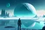 Placeholder: alien landscape with person seeing a grey exoplanet in the horizon, lagoon, ice blocks, sci-fi, concept art, cinematic, very epic