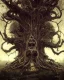 Placeholder: A beautiful highly detailed ancient tree with ornate intricate demon skulls grown into it, sticking out in random places, some screaming, some with glowing eyes, horrorcore made of shiny obsidian glass :: reflective, glassy :: subtractive lighting, backlit :: by John William Waterhouse, Greg Rutkowski, HR Giger :: hyperrealistic, hyper detailed, photorealistic :: epic, incredible composition, amazing depth, meticulously composed, 16k resolution concept art :: fantasy magazine cover art