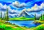 Placeholder: Clouds, mountains, tree, rocks, grass, lake, lake reflections, distant mountains, distant trees, impressionism painting