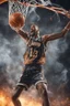 Placeholder: 8k, highly realistic and detailed image of a NBA basketball player in action dunking the ball in the net, sweaty hair, screaming look,action and smoke and flames background