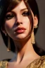 Placeholder: Young business woman, dark orange eyes, dark brown hair, elegant hair, thin lips, gold hoop earrings, waist up portrait, 8k resolution, intricate details, ornate details, soft lighting, vibrant colors, retroanime, masterpiece, realistic, intricate eyeliner, dark eyeshadow, eyes,futuristic cityscape background