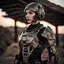 Placeholder: beautiful caucasian female soldier cyborg, black metal body and limbs, visible cybernetic limbs, scratched sand camo metal details, short brunette wavy bob haircut, dystopian, desert scene