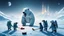 Placeholder: Charlie Chaplin as unstable polar growlar bear on the planet of Ceres, with some penguins with rocket backpacks smacking large pucks so we can see its trail, and playing hockey on frozen lake with astronauts, in front of ice megapolis