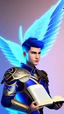 Placeholder: a human male with blue short hair and blue wings in assymetrical armor with geometric patterns and a book in hand, geometric wings