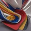 Placeholder: Front view exterior Museum of art in the form of flower petals architecture style Zaha Hadid linear drawing colors red white blue and yellow hyper-detailed 8k