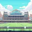 Placeholder: A bright pixel art cyberpunk-style illustration of the fulham stadium the cottagers west london white