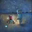 Placeholder: toddler in pyjamas with teddy bear in a field at night with lots of stars, looking at an apparition in the sky