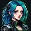 Placeholder: profile picture,2dcg,anime art style,blue and green color,princess hair cut ghoul biker lady,pure black color background,gore,violence,Decapitation,dismemberment,disturbing,Monster,guts,morbid,mutilation,sacrifice,butchery,meathooks,no hands,do not draw hands