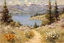 Placeholder: Mountains, lake, flowers, pathway, pine trees, sunny day, theodore robinson impressionism painting